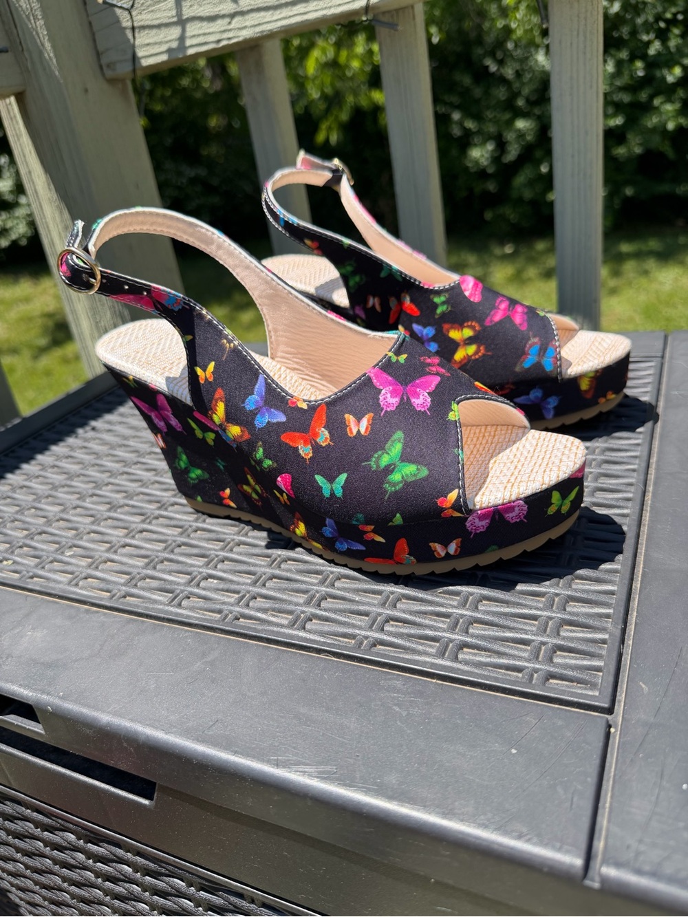 SHEIN Black Wedge Sandals with Multicolor Butterfly Print new without tags